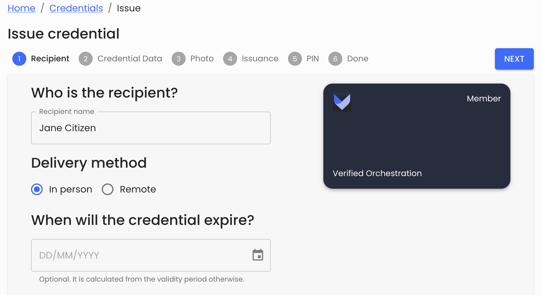 Credential recipient tab